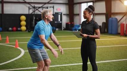 A senior man in a blue athletic shirt talks with a female trainer who holds a tablet. They are in a gym with artificial turf flooring and exercise equipment visible in the background.
