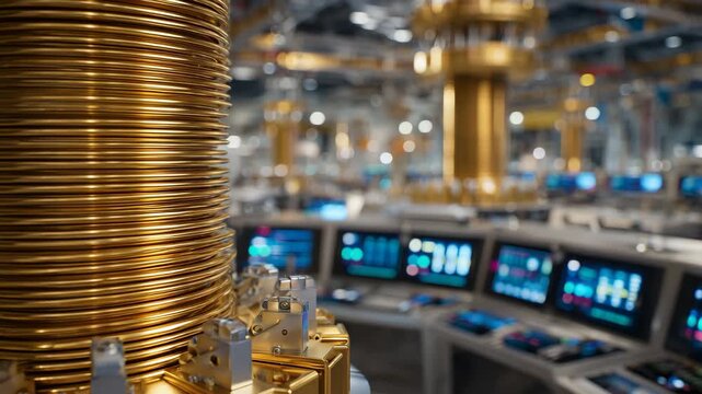 Detailed industrial shot of superconducting coil, golden windings tightly coiled, metallic bolts and brackets sharply in focus, background control panels softly out of focus, light