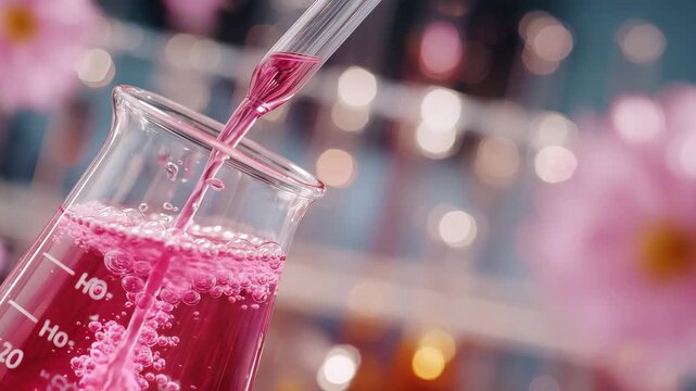 Detailed macro shot of a beaker during a nutrition experiment, pink solution fizzing as a clear liquid is introduced, bubble clusters rising through the mixture, bright sterile lab