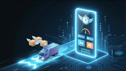 Express shipping mobile app with stopwatch icon and speed gauge, glowing smartphone interface showing delivery options, winged parcel and delivery truck digital circuit road conveying fast - Powered by Adobe