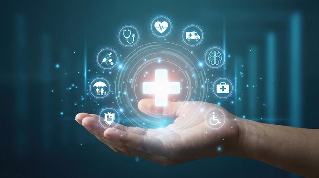 Human hand presenting luminous medical cross and healthcare icons on a glowing digital bac - Powered by Adobe