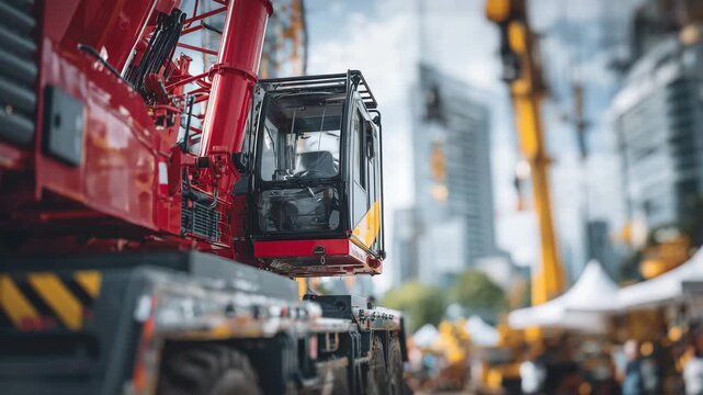 Detailed perspective of mobile crane, focus on extended outriggers and hydraulic components, reflective metal surfaces catching sunlight, cityscape and pedestrians softly in the ba