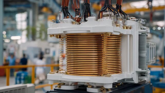 Detailed shot of golden coil on transformer, metallic sheen emphasized, control panels and industrial machinery softly blurred, close-up showing winding patterns and connectors