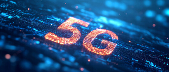 The illuminated "5G" sign in the digital landscape illustrates technological progress, making it suitable as a backdrop for IT conferences or advertising innovations.