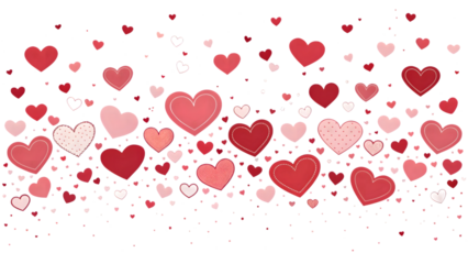 Scattered red and pink hearts of various sizes and textures on transparent background