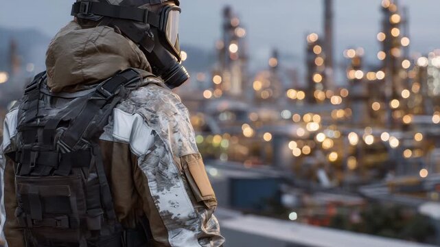 Detailed shot of SCBA harness and mask, rubber and metal textures sharply defined, fire-resistant suit material softly illuminated, petrochemical plant equipment blurred behind