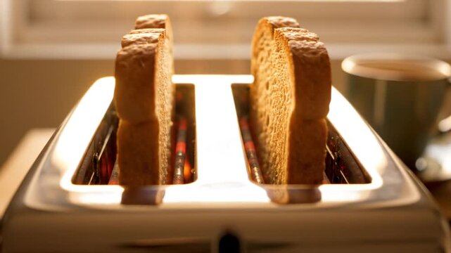 Close up view of stainless steel toaster with toasted bread slices being prepared for breakfast meal