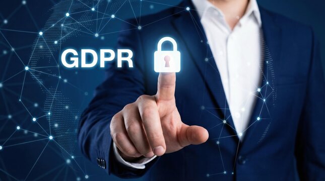 Professional man tapping a digital padlock icon with GDPR text on a secure global network  - Powered by Adobe