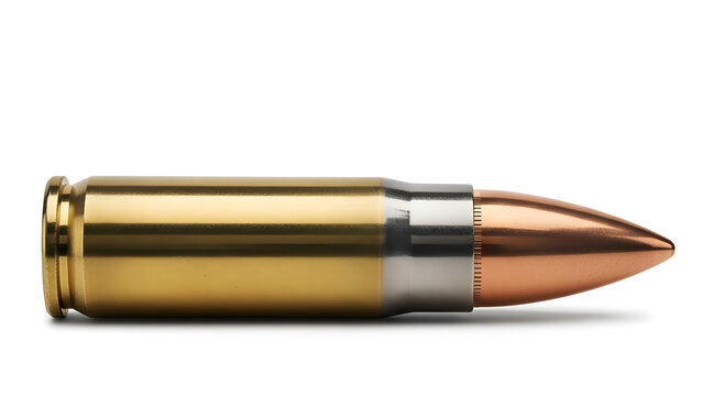 A high-detail studio shot of a rifle cartridge with a brass casing and copper-jacketed bullet on a white background