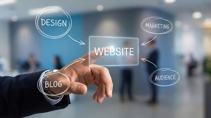 Professional hand touching glowing WEBSITE button with related digital marketing concepts 