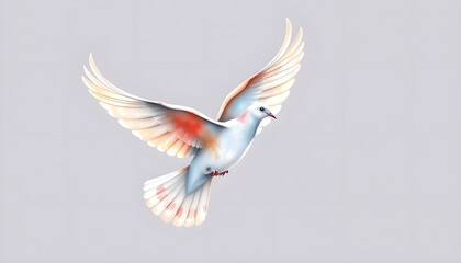 Obraz premium Colorful dove flying with spread wings on light gray background 