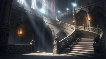 Obraz premium A grand, gothic castle interior featuring a massive stone spiral staircase illuminated by ethereal light beams