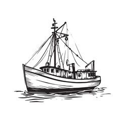 Monochrome hand-drawn engraving of a commercial fishing trawler.