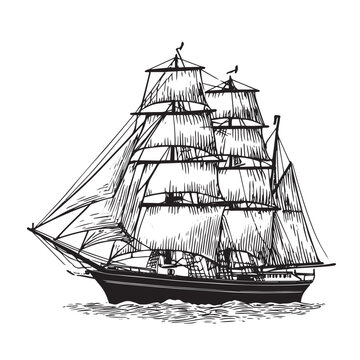 Vintage hand-drawn engraving of a majestic three-masted sailing ship.