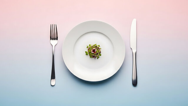  Top-down view of tiny portion of microgreens on large white plate with fork and knife. Minimalist concept for molecular gastronomy, diet control, and haute cuisine menu presentation for restaurants.