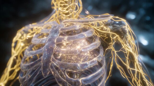 Full anatomical study of human internal systems, bones textured naturally, nerves glowing subtly, soft cinematic lighting highlighting the elegance, symmetry, and complexity of int