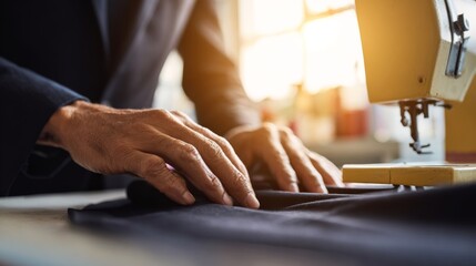 Fototapeta premium A skilled tailor's hands at work, expertly guiding fabric through a sewing machine in a sunlit workshop.