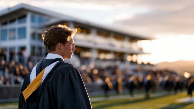 Graduate walking across ceremony grounds, academic gown and cap in focus, blurred procession of students behind, warm golden-hour lighting emphasizing accomplishment