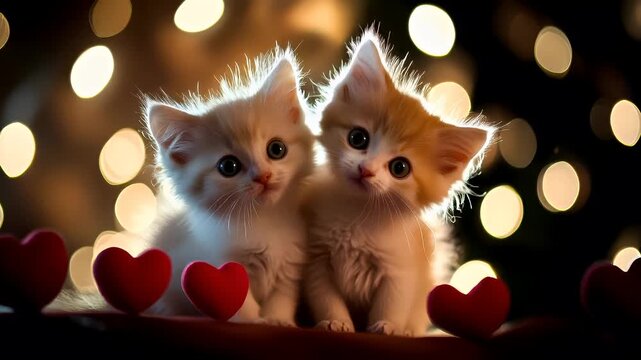 Love. Valentines day. Mothers day theme. A closeup of two kittens with heartshaped objects around them. The background is a bokeh of lights, giving the image a warm and intimate feel.