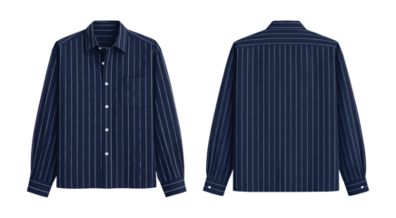 Stylish Dark Blue Pinstripe Long Sleeve Shirt for Men or Women, Front and Back Views Isolated on Transparent