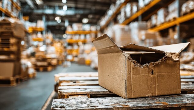 Damaged Cardboard Box on Pallet in Industrial Warehouse