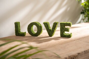 Green moss letters spelling 'LOVE' on a wooden table with soft natural lighting and plants in background