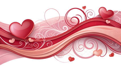 Valentine day banner with hearts and elegant white floral swirls on red background