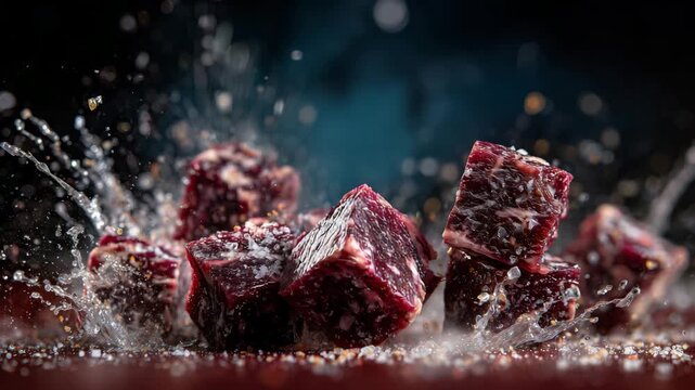 High-speed capture of raw beef cubes, salt crystals exploding outward, stacked cubes forming the base while a single cube is suspended mid air, dramatic shadows and rich color satu