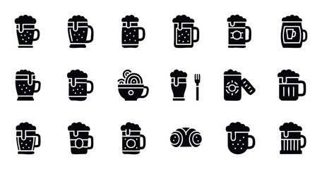Black glyph icons collection showcasing diverse beer mugs, frothy beverages, and food items, ideal for digital interfaces, app designs, restaurant menus, and festive event graphics.