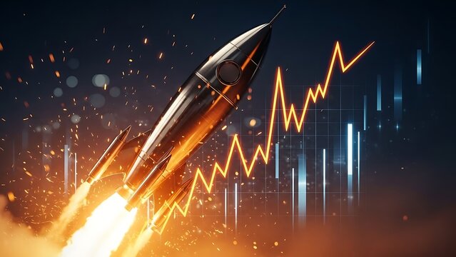 Rocket ship blasting off into the sky with a graph in the background representing growth and success in business or finance with orange and blue colors - Powered by Adobe