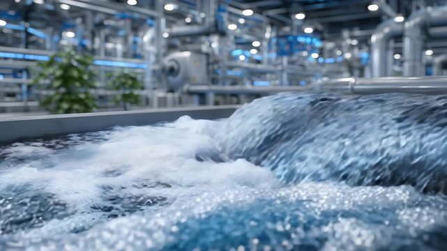 Hopeful future-focused industrial water purification scene, ultraviolet light sterilizing flowing water in transparent systems, sleek machinery and clean architectural lines repres