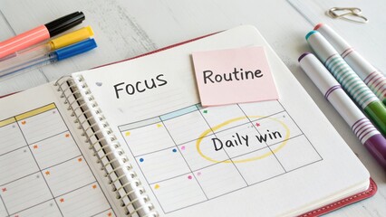 Open planner with handwritten notes about daily routine and focus