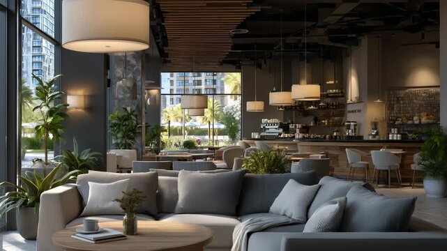 Interior shot of a contemporary cafe with a mix of seating, pendant lights illuminating the scene, inviting textures of wood and soft fabrics, perfect for socializing or relaxing a