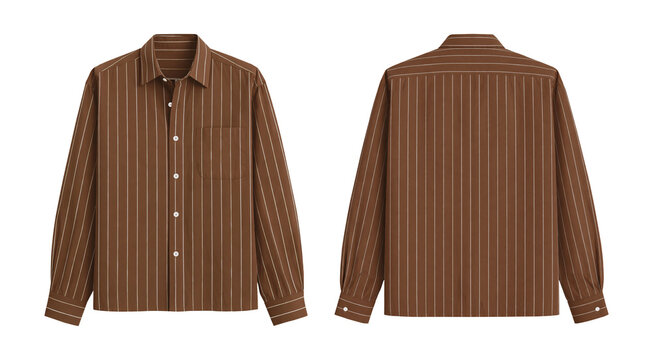 Stylish Dark Brown Pinstripe Long Sleeve Shirt for Men or Women, Front and Back Views Isolated on Transparent Background