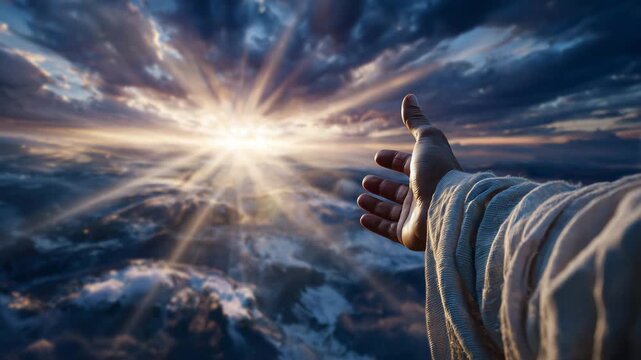 Jesus Christ&rsquo;s hand reaching forward against a dramatic sky, subtle halo-like light around the arm, flowing fabric details, inspirational banner composition with clear copy space o