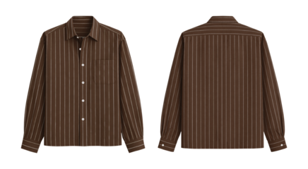 Stylish Dark Brown Pinstripe Long Sleeve Shirt for Men or Women, Front and Back Views Isolated on Transparent