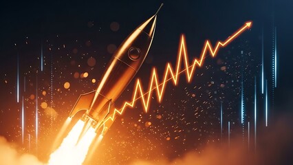 Rocket ship soaring upwards with a bright flame and a rising graph line on a dark background with sparks and lights
