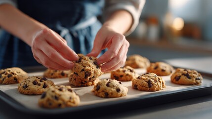 A close-up of a person's hands carefully arranging chocolate chip cookies on a baking tray, showcasing a delicious homemade treat.