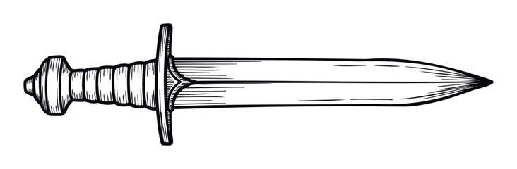 Engraved vintage style short sword weapon featuring a pointed tip and detailed hilt suitable for historical documents or adventure story graphics