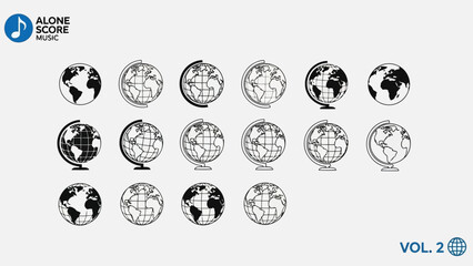 Multiple globe illustrations arranged in a grid with musical branding elements