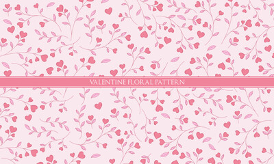 Soft Pink Seamless Floral Pattern with Doodled Leaves and Floating Hearts