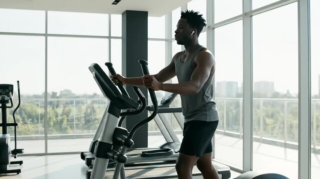 Athletic Black Man Exercising On Elliptical Machine In Modern Gym With Large Windows Showing City View During Daytime