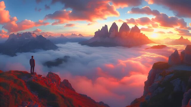 A vivid digital artwork depicting a solitary figure standing atop a mountain peak, overlooking a vast expanse of clouds and mountains. The sky is painted in a fiery palette of oranges, reds.