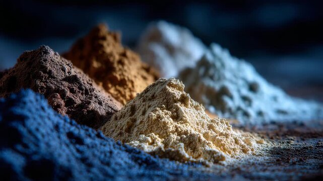 Macro perspective of chemical powders on flat surface, each pile distinct, light reflecting on microscopic surfaces, highlighting rich saturation and granular textures