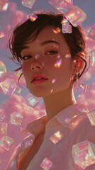 Surreal portrait of a young woman with freckles, floating iridescent cubes and pink sky, dreamy mood aesthetic.
