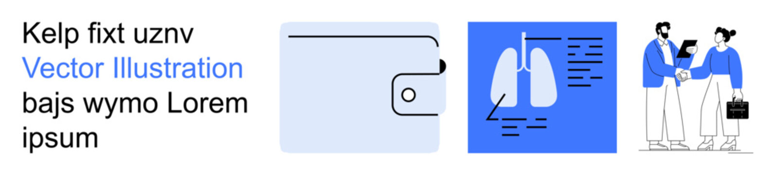 Business consultation, health diagnostics, financial planning, teamwork, workplace communication, medical advice. Images of a wallet, lung diagram with data and professionals interacting. Financial