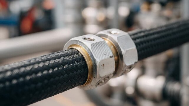 Macro shot of hose and clamp assembly, braided metallic textures prominent, clamp screws catching glints of light, industrial pipes and valves in soft bokeh