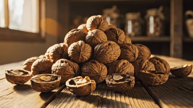 Pile of delicious walnuts in a rustic setting with sunlight, shells and nuts on a wooden table, harvest season