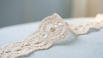 Delicate Cream Lace Ribbon Trim on a Light Blue Textured Background