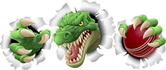 A crocodile, dinosaur or alligator lizard sports mascot holding a cricket ball © Christos Georghiou